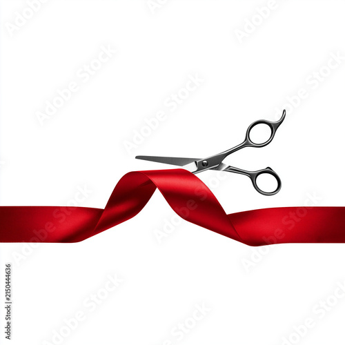 Silver scissors cutting a wavy red ribbon grand opening ceremony isolated on white background