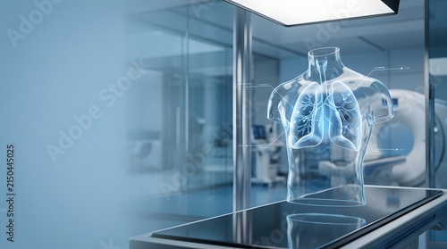 Human torso hologram displays internal lung anatomy above a medical table in a high-tech diagnostic room.