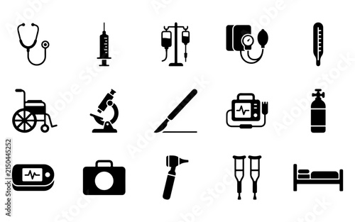 A comprehensive set of black flat icons representing essential medical equipment and healthcare tools for professional clinical diagnostic use