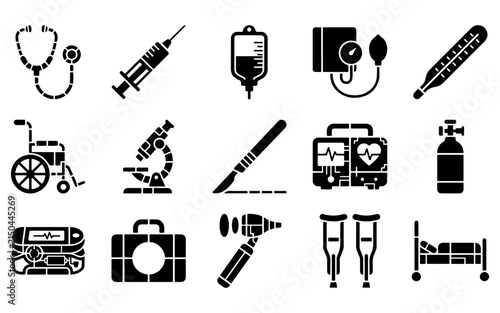 A collection of black silhouette icons representing essential medical equipment used in hospitals clinics and professional healthcare diagnostic service settings