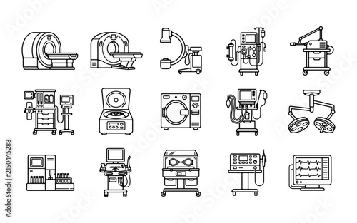 A comprehensive collection of black and white line art icons representing essential modern medical equipment for hospitals and clinics