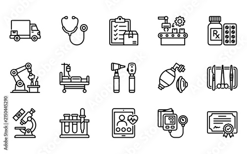 A comprehensive collection of black and white line art icons representing essential medical equipment and healthcare logistics supply chain services