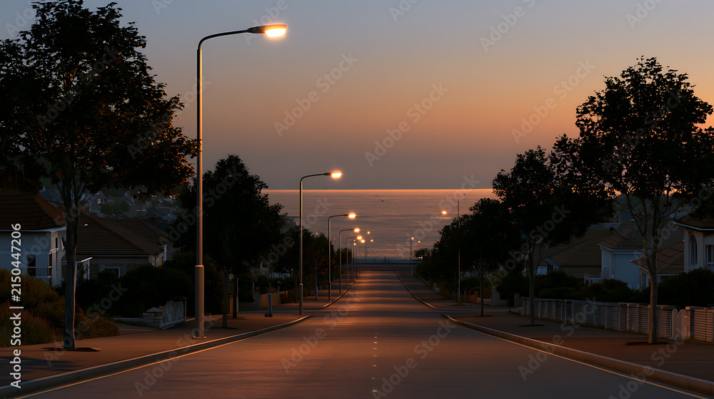 Fototapeta premium Coastal residential street at dusk with glowing streetlights leading toward the tranquil sea under a warm, colorful sky as night approaches
