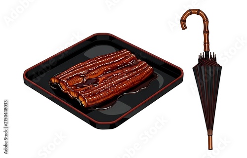 unagi no kabayaki (grilled eel) on a square lacquer tray, featuring a single elegant wagasa umbrella, the canopy folded, showing