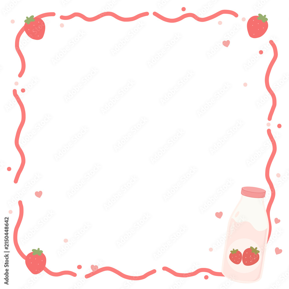 Obraz premium Cute Strawberry Milk Border Frame with Strawberries and Pink Milk Bottle