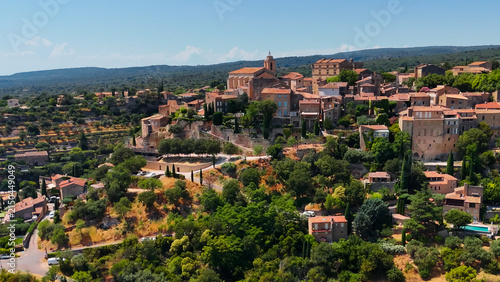 Aerial drone view Gordes commune on top of a hill. Provence-Alpes-Cote d'Azur region