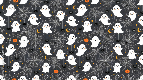 Halloween ghost seamless pattern, cute spooky spirits with spider webs and pumpkins, dark festive holiday wallpaper isolated PNG with Transparent Background Halloween