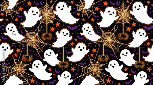 Halloween seamless pattern with cute ghosts and spider webs. Spooky holiday background with cartoon spirits, stars, and bats. isolated PNG with Transparent Background Halloween