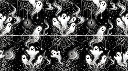 Spooky Halloween ghost pattern, seamless white spirits, ethereal haunted spider web texture for festive decor isolated PNG with Transparent Background Halloween