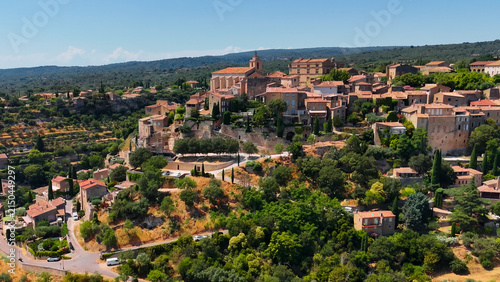 Aerial drone view Gordes commune on top of a hill. Provence-Alpes-Cote d'Azur region