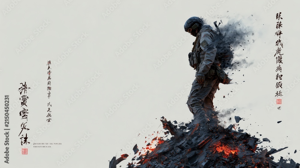 Obraz premium Monochrome Ink Art of Armed Soldier with Dissolving Smoke Effect and Calligraphy