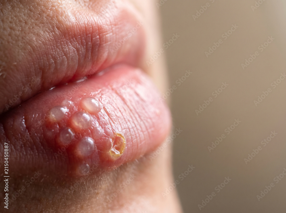 Fototapeta premium Herpes Simplex Cold Sore Cluster of Vesicles on Adult Lip Border, Skin Infection Cropped Macro Medical Photograph