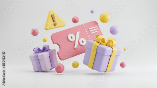3D render of discount voucher and gift boxes with discount promotion percentage shopping marketing business abstract colorful commercial ecommerce