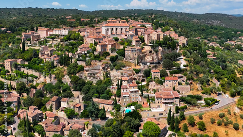 Aerial drone view Gordes commune on top of a hill. Provence-Alpes-Cote d'Azur region