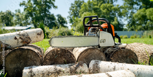 Fotografía Bright chainsaw rests on stacked logs