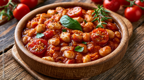 Hearty tomato and white bean stew with cherry tomatoes, basil and herbs in wooden bowl