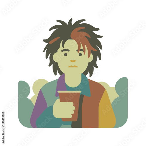 Tired person with messy hair holding coffee cup