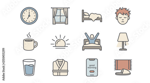 Minimalist morning routine and wake up icon collection.