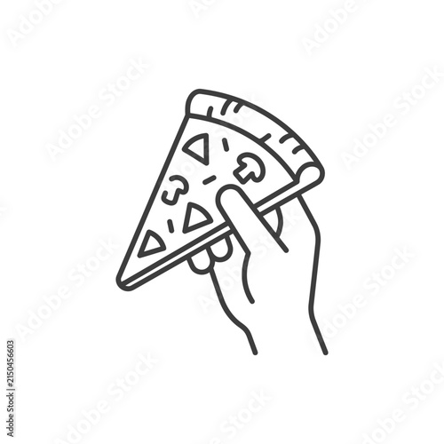 Hand holding a triangular slice of pizza.