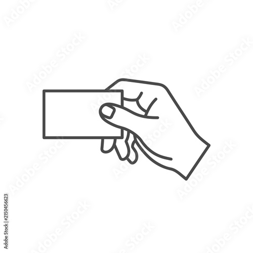 Hand holding blank business card line art illustration.