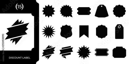 Set of fifteen black sale tags discount labels and price badge shapes for marketing and promotion