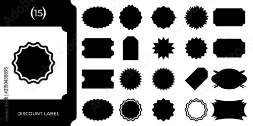 Set of fifteen black discount labels and sale price tags in various shapes for marketing designs
