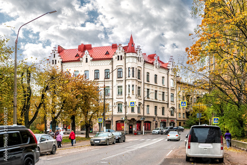 Russia, city of Vyborg, October 15, 2024, - Leningradskoye Shosse, one of the main and beautiful streets of the city, actively visited by tourists and guests of the city