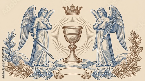 Premium engraved illustration of two angels beside a chalice with a crown above