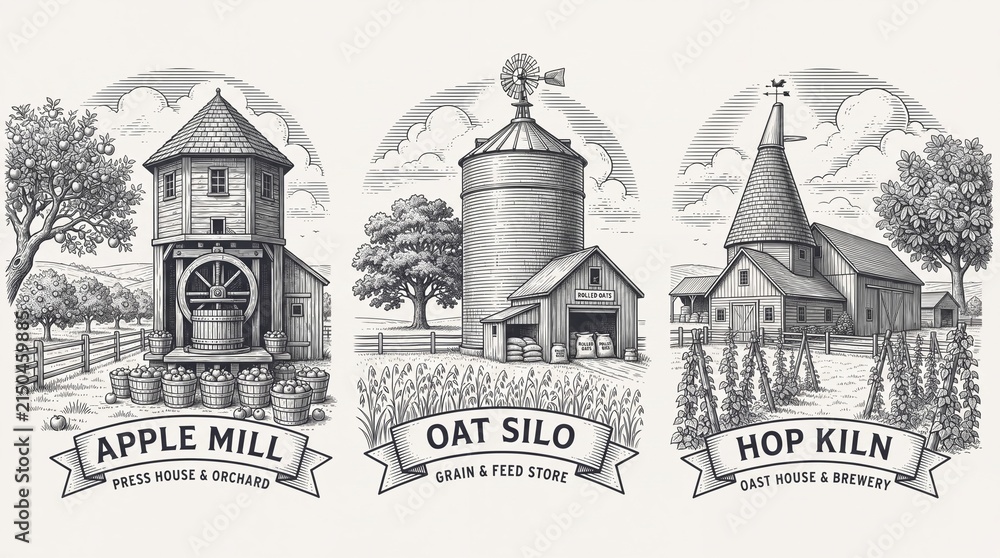 Obraz premium Premium engraved illustration of an apple mill, oat silo, and hop kiln in a rural setting