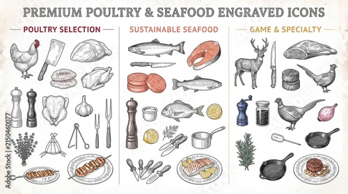Engraved icons of poultry, seafood, game, and specialty items for culinary use