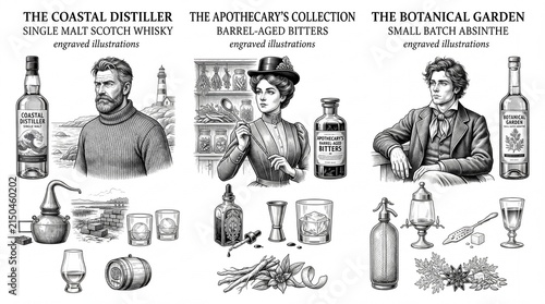 Engraved illustrations of coastal distiller, apothecary's collection, and botanical garden with labeled bottles