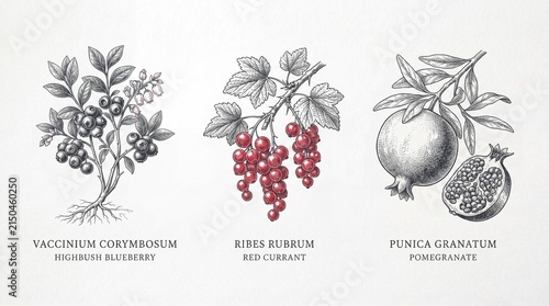 Engraved illustration of blueberry, red currant, and pomegranate with plant names