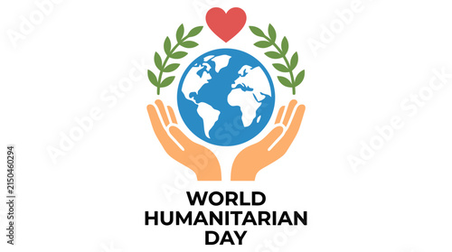 World globe held by hands with heart and laurel wreath vector illustration