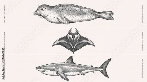 Engraved illustration of a seal, manta ray, and shark in black and white on a transparent background