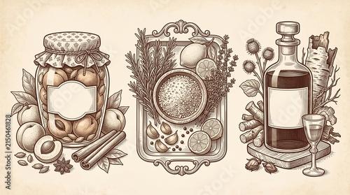 Engraved illustration featuring preserved fruits, herbs, and bottles arranged in a detailed design