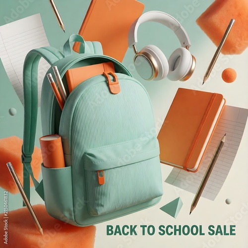 Back to School Sale Dynamic Floating Composition Concept with Mint Green Backpack Orange Notebooks Headphones Pencils and Paper Sheets on Light Green Background