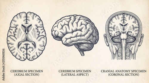 Engraved illustration of cerebrum and cranial anatomy specimens showing axial, lateral, and coronal sections