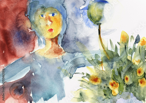 Poetic Woman Among Flowers in Expressive Contemporary Composition – Hand-Painted Watercolor