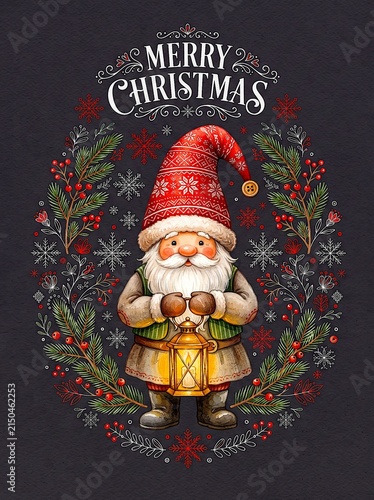 Festive Christmas Gnome Holding Lantern With Pine, Berries and Snowflakes — Merry Holiday Illustration
