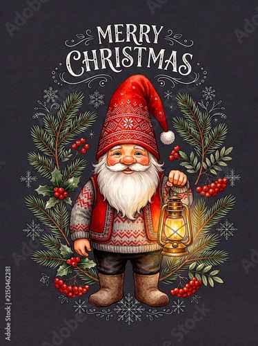 Festive Christmas Gnome Holding Lantern With Pine, Berries and Snowflakes — Merry Holiday Illustration