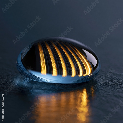transparent water droplet containing the reflection of one glowing server cabinet, black background, data center cooling