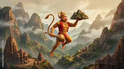 Hanuman, Indian god Hanuman ji wallpaper 3d Illustration with mountains God Bajrangbali poster design for wallpaper Mandir Temple panchmukhi hanuman