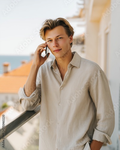 young entrepreneur on a balcony taking a business video call during summer travel, soft daylight, blurred coastal town behind