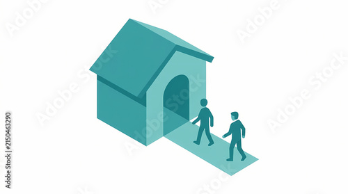 Two people walk towards a stylized house entrance in isometric view