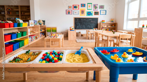 Bright and colorful preschool classroom with engaging sensory play stations