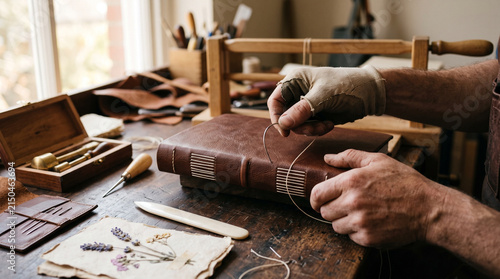 Bookbinder stitching leather cover of notebook on wooden workbench. Man hands using needle and thread to craft custom book. Traditional bookbinding artisan workshop and manual hobby.