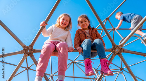 Two happy girls and a boy enjoying a geodesic dome climber on a sunny day