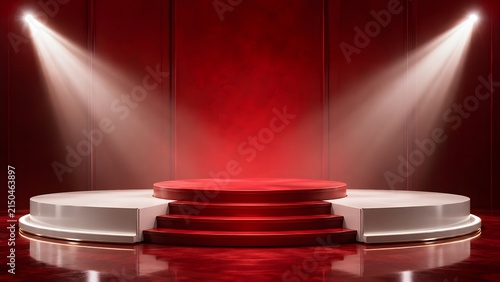 Grand red theater stage with tiered platform and dual bright white spotlights.