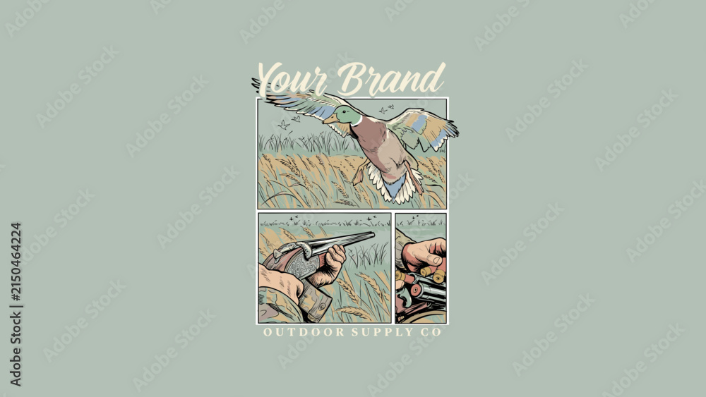 Fototapeta premium Vintage Style Duck Hunting Illustration Featuring a Mallard Flying Over a Marsh with Shotgun and Ammunition Detail Panels for Outdoor Apparel Graphic Design and Sporting Goods Concept