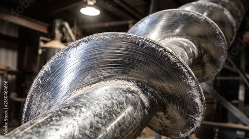 Close-up of a large industrial screw conveyor in a factory setting.